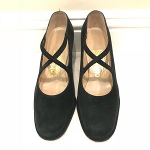 Ferragamo black suede crisscross block heels black